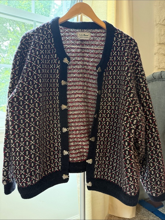 L.L. Bean Sweaters - L.L. Bean Navy Wool Cardigan with Red and White Hearts